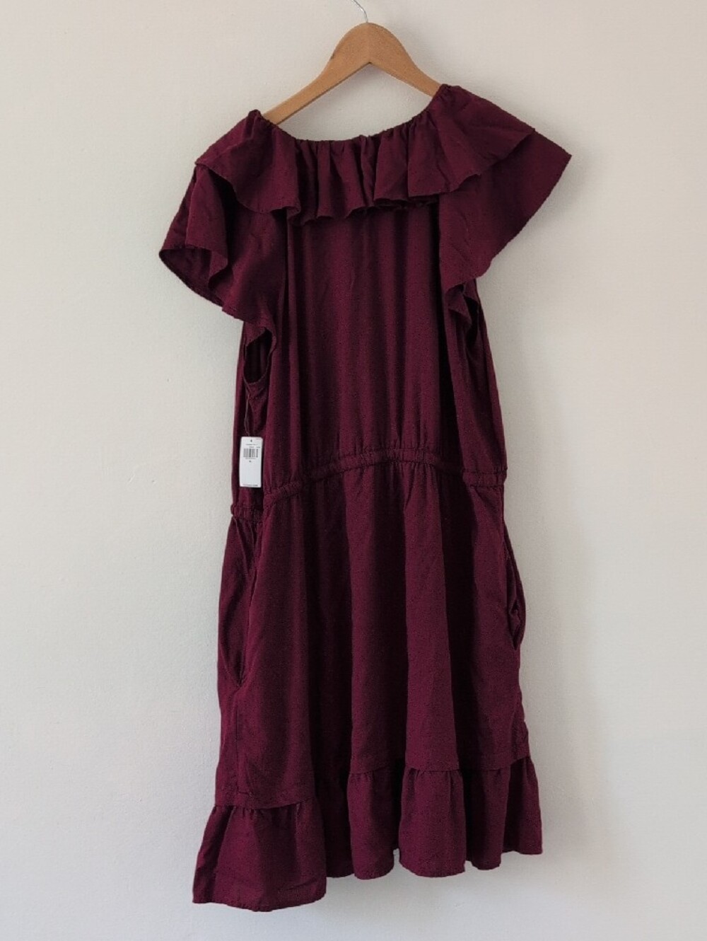New Old Navy Wine Burgundy Ruffle Midi Short Sleeve Dress Elastic Waist Sz XL - Picture 5 of 7